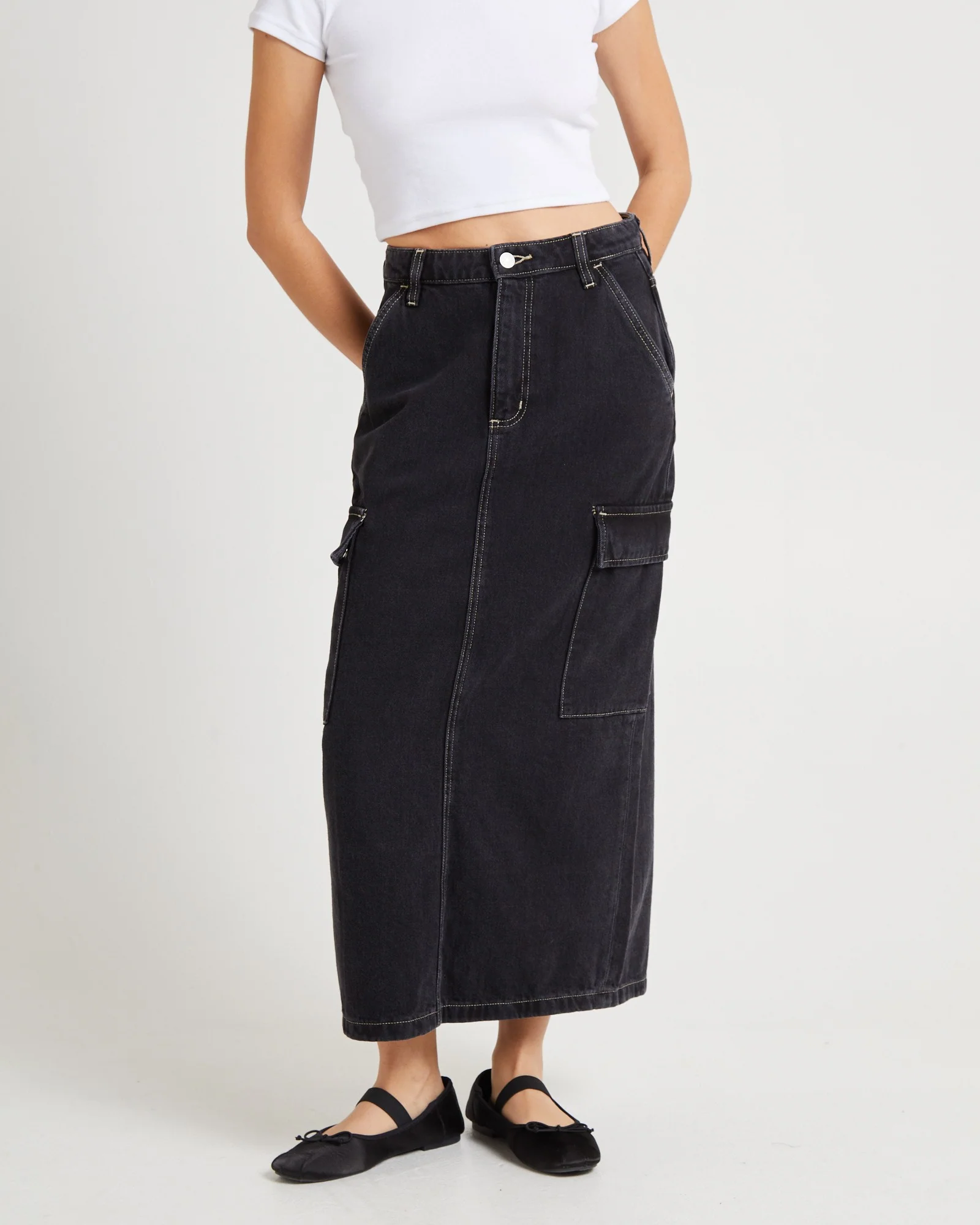 Cargo Midi Denim Skirt Throwback