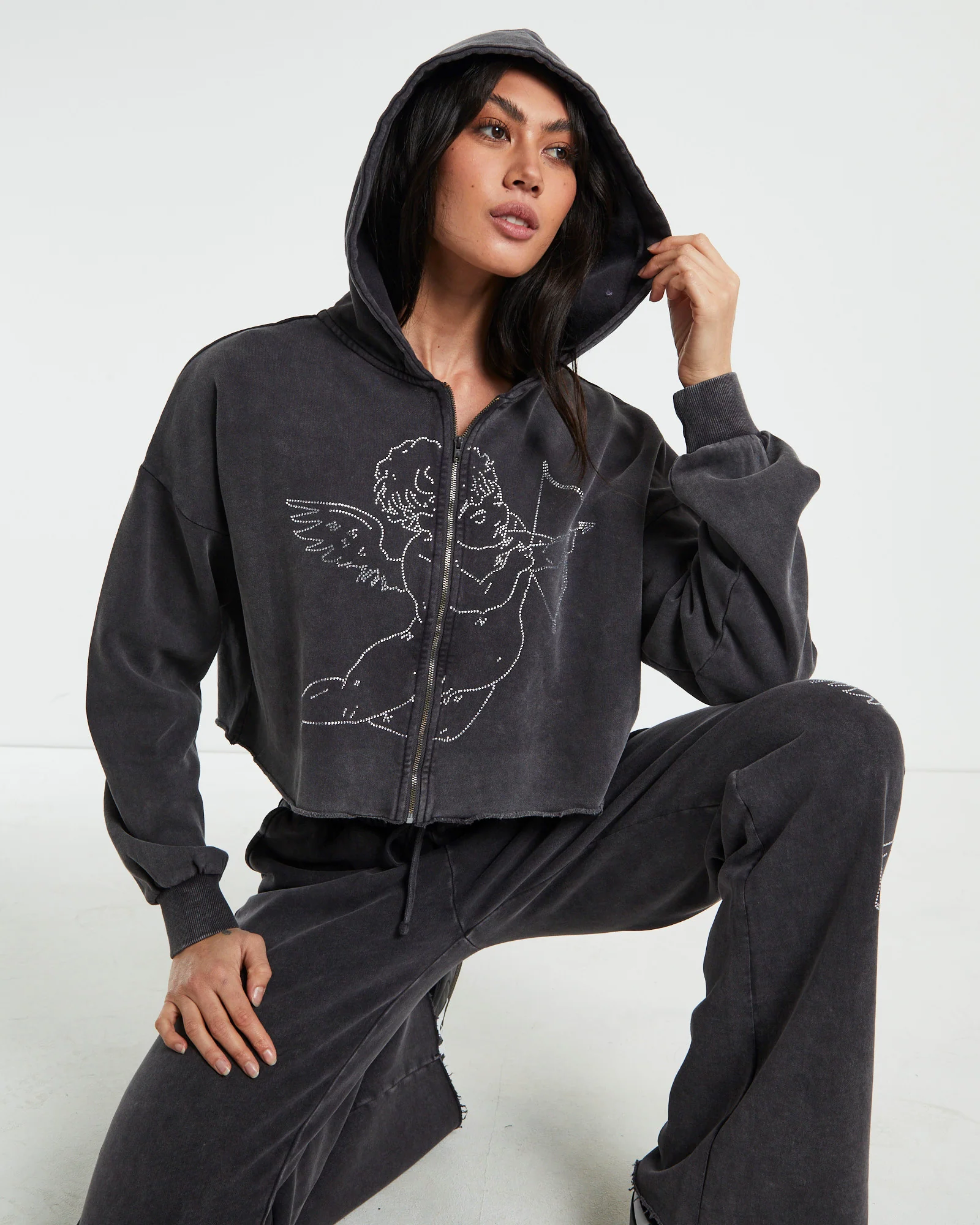 Cherub Acid Wash Zip Front Hoodie Charcoal