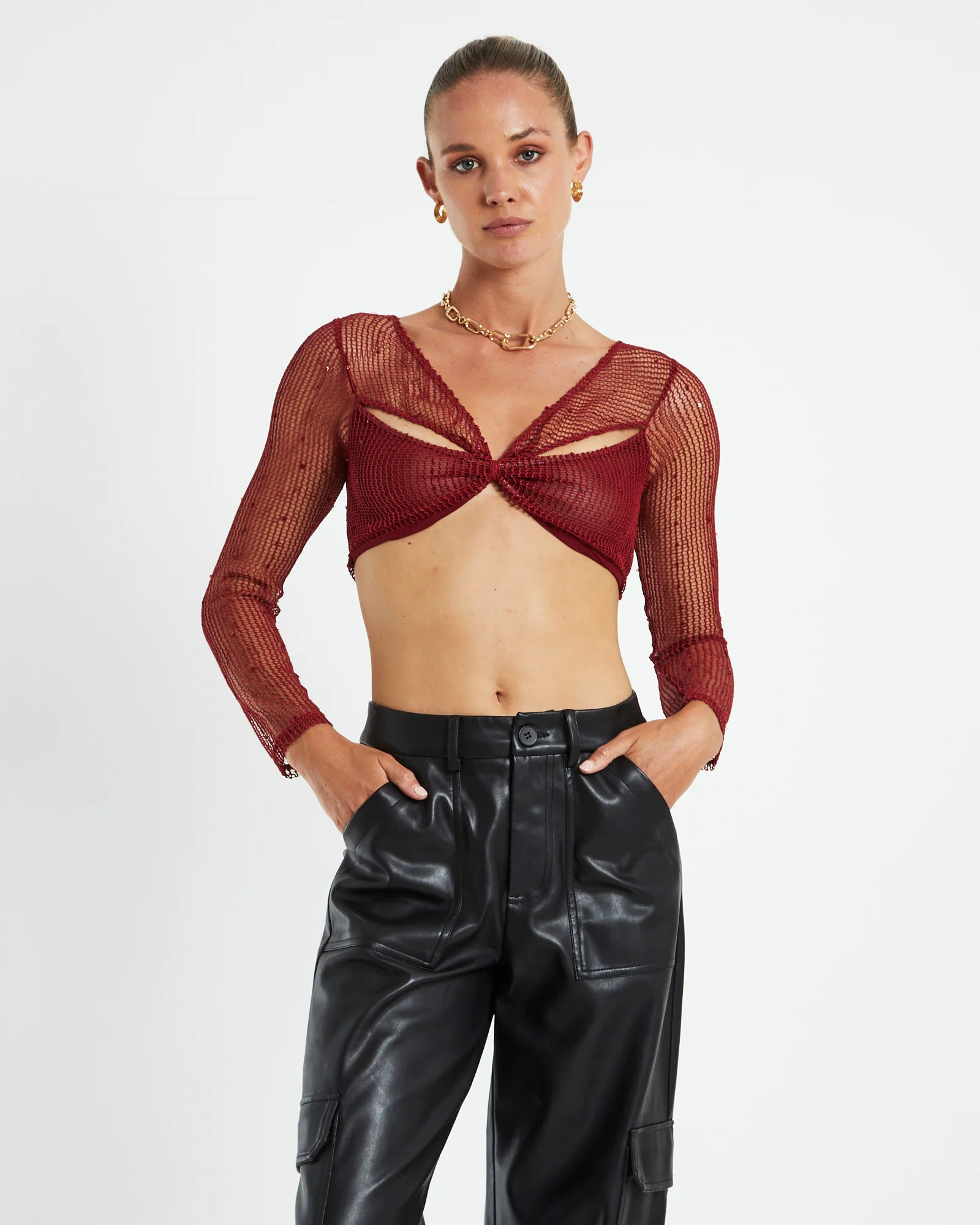 Emery Shimmer Mesh Long Sleeve Top Garnet Red