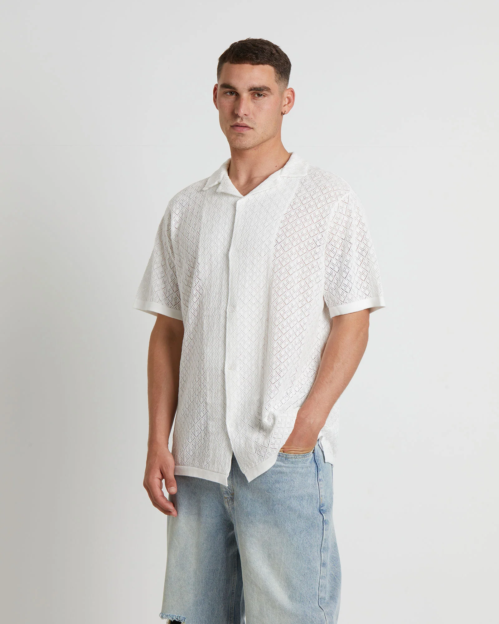 Fugar Knitted Short Sleeve Resort Shirt in White