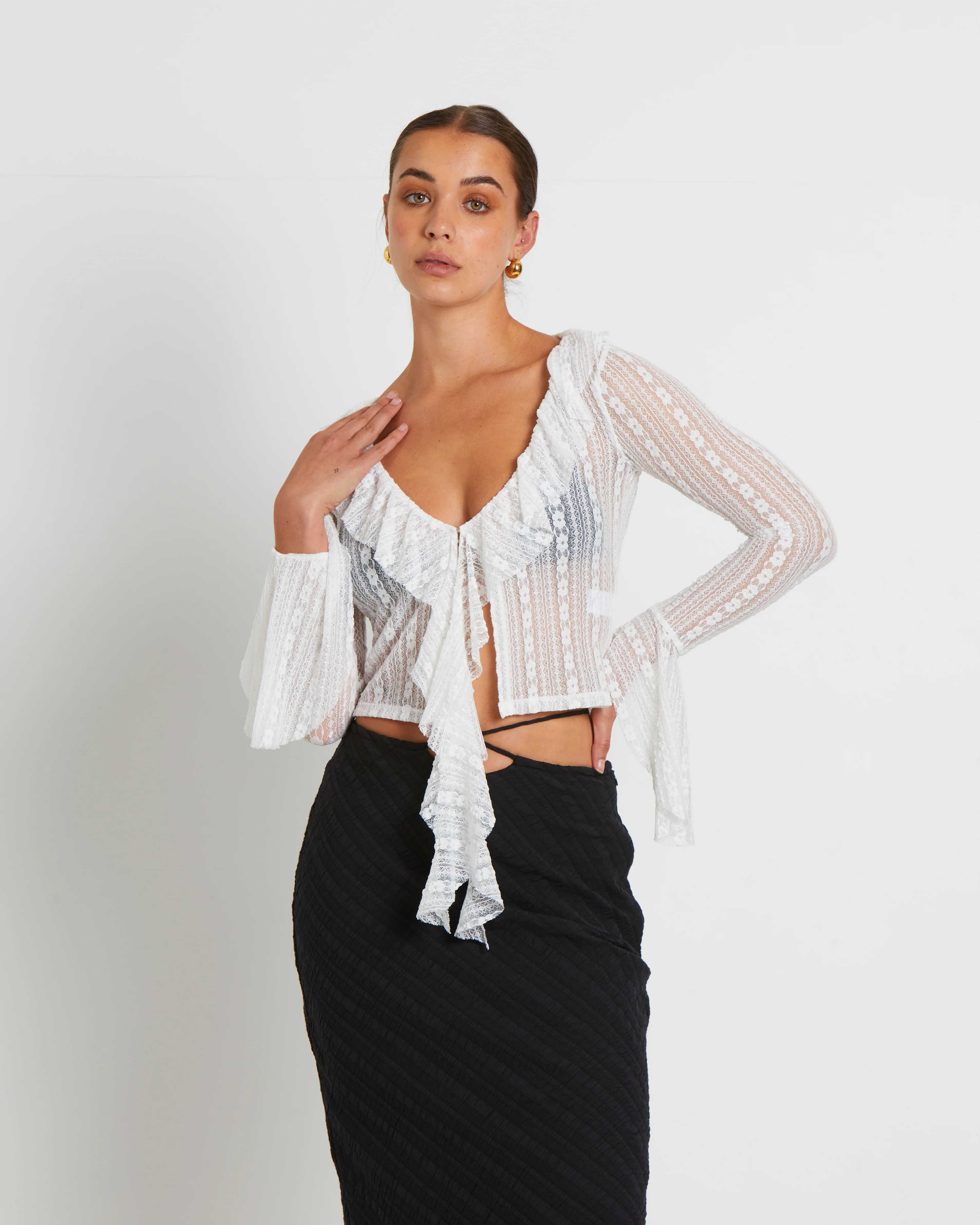 Janie Fairy Core Lace Plunge Shirt in Cream