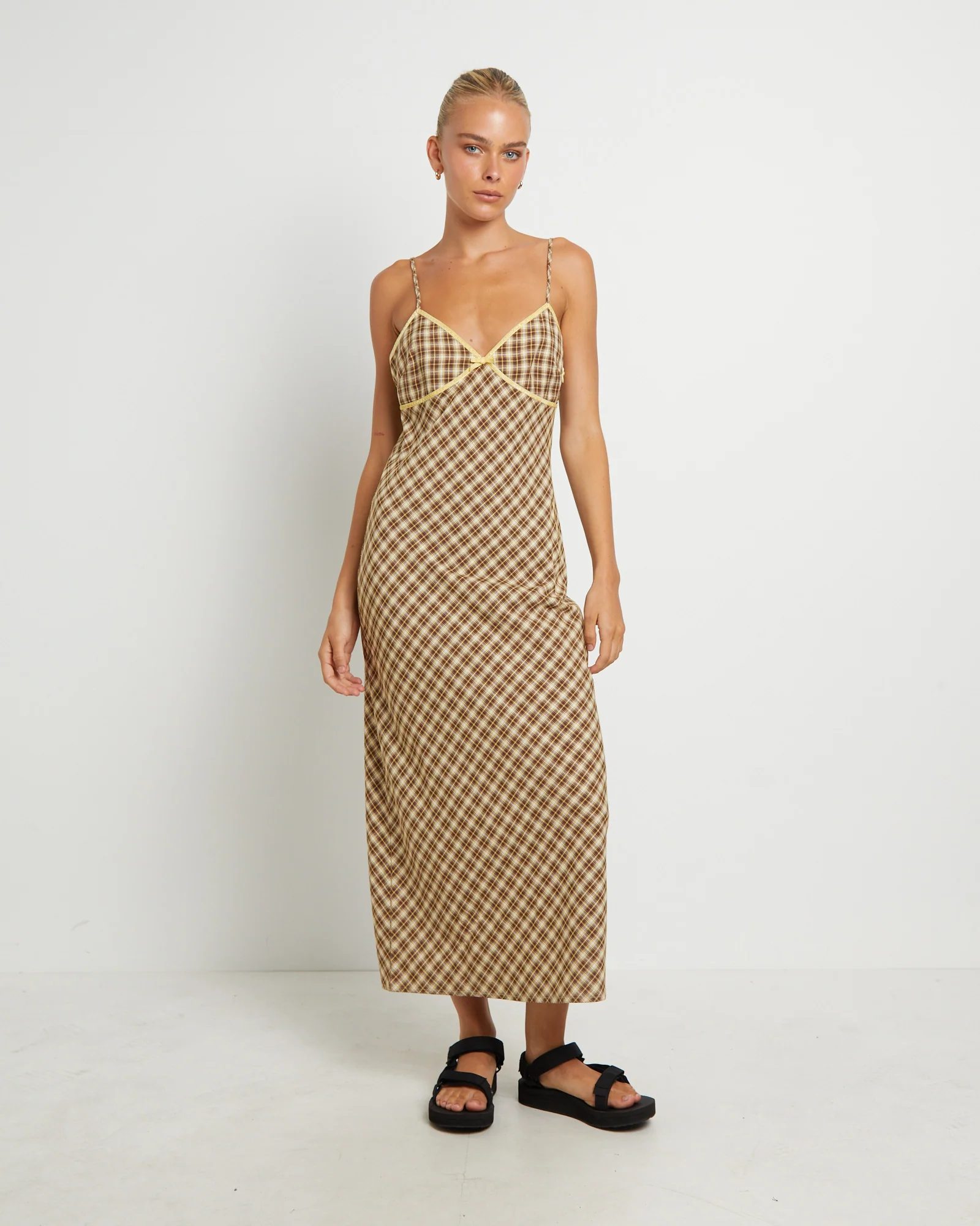 Jenny Plaid Bias Midi Dress in Assorted