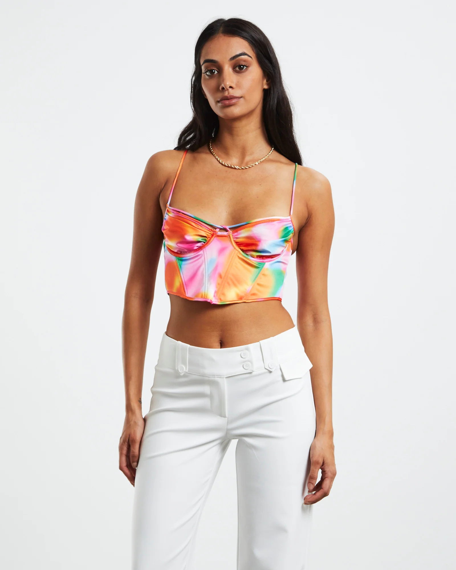 Larissa Strappy Cross Front Sateen Corset Multi Print