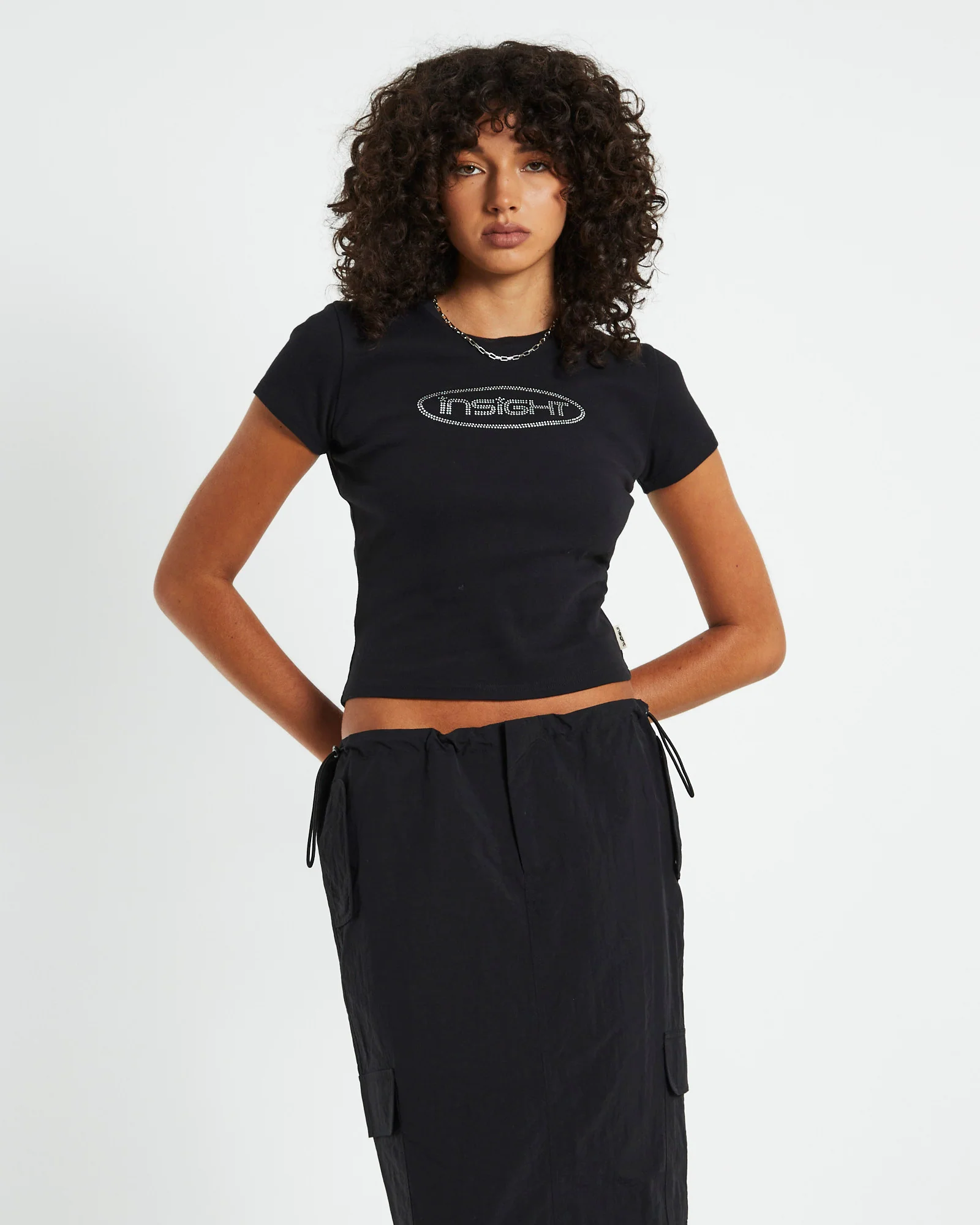 Longline Rhinestone Baby Tee Black