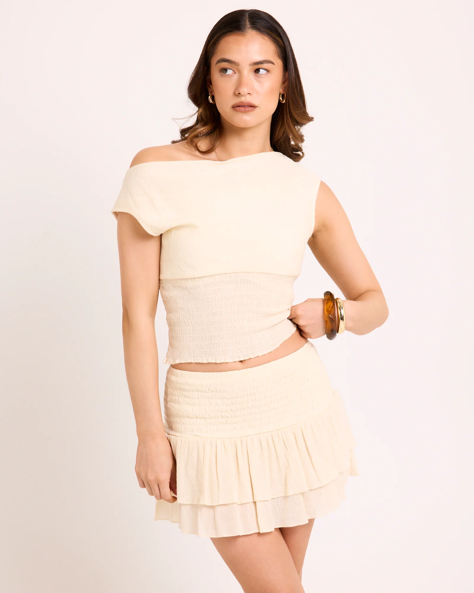 Tula Shirred Off Shoulder Top