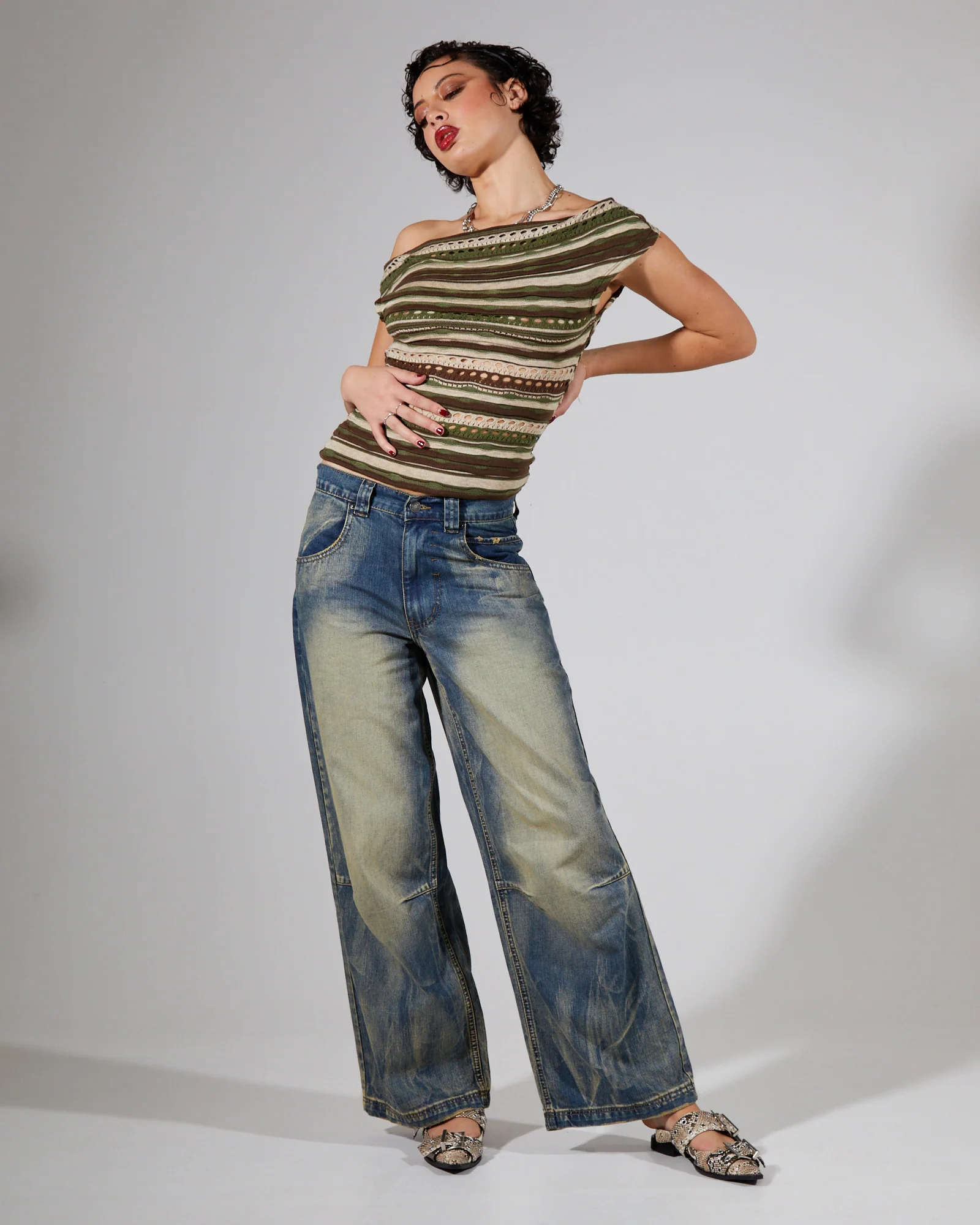Wing Print Studded Lowrise Colossus Jeans
